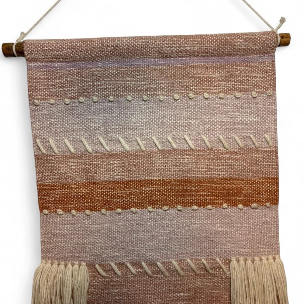 Handcrafted Woven Wall Hanging in Terracotta, Cream, and Pale Pinks